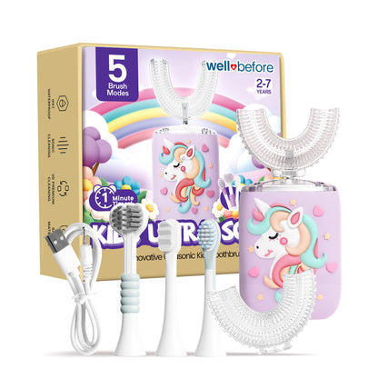 Well Before Ultrasonic Kid's U-Shaped Toothbrush – IPX7 Waterproof, 5 Modes (Unicorn/Purple) Ages 2-7