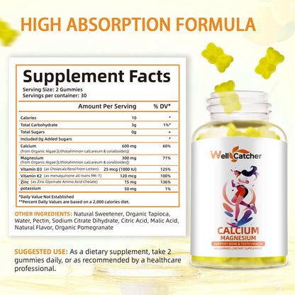 Wellcatcher Calcium Magnesium Gummies (60ct) – Sugar Free Vegan Algae Calcium for Adults & Kids | Bone Support with Vitamin D3, K2, Zinc