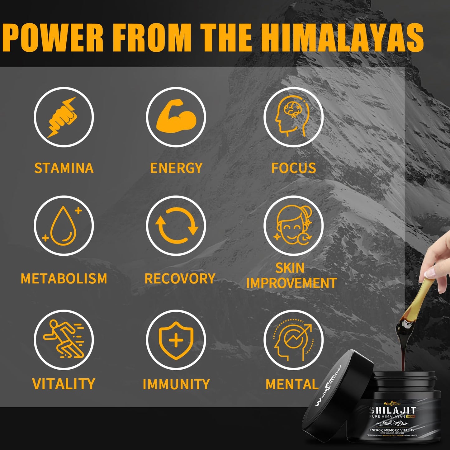 Wellcatcher Pure Himalayan Shilajit Resin – 600mg, 85+ Minerals, 75%+ Fulvic Acid, Energy & Immunity Support, 50 Servings