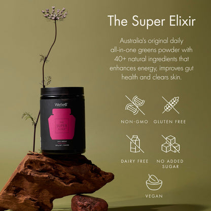 WelleCo The Super Elixir Daily Greens Powder – Probiotic Drink Mix (300g, Mixed Berry)