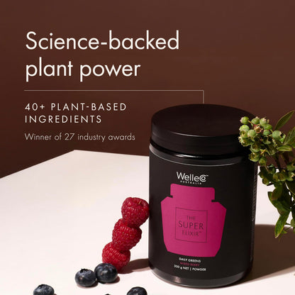 WelleCo The Super Elixir Daily Greens Powder – Probiotic Drink Mix (300g, Mixed Berry)