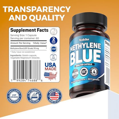 Welldiet Methylene Blue 10mg Capsules – USP Grade, Made in USA – 60 Count (2-Month Supply)