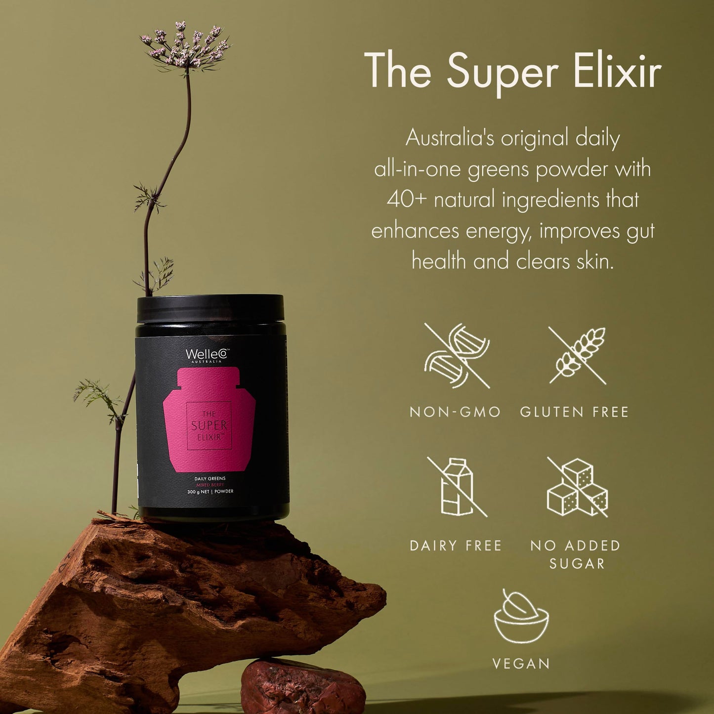 WelleCo The Super Elixir Daily Greens Powder – Probiotic Drink Mix (300g, Mixed Berry)