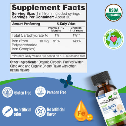 Wellements Organic Iron Drops for Newborns & Babies | Cherry Flavor Liquid Iron Supplement (1 oz)