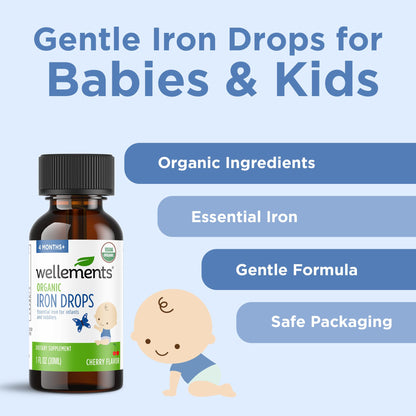 Wellements Organic Iron Drops for Newborns & Babies | Cherry Flavor Liquid Iron Supplement (1 oz)