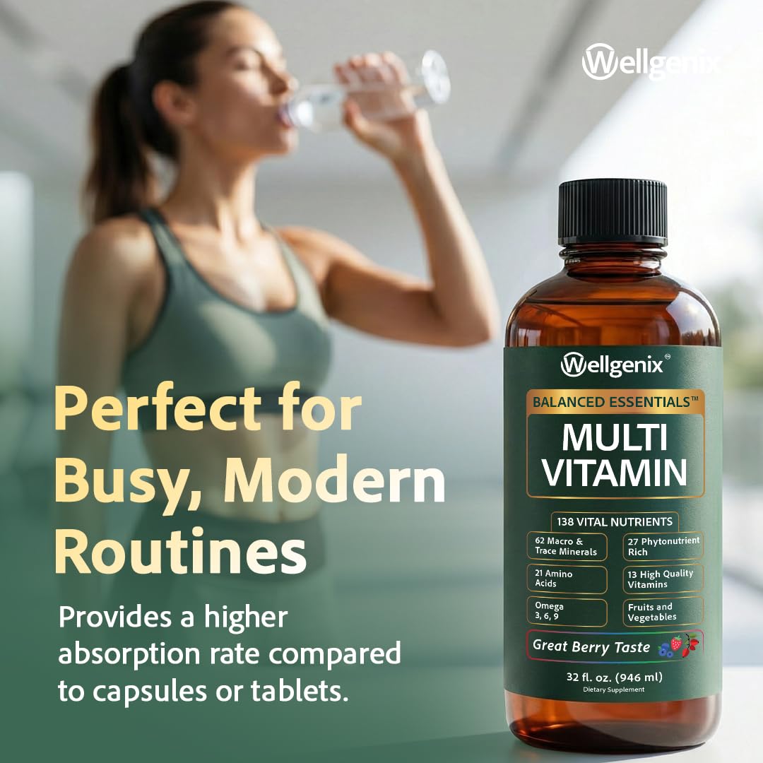 Wellgenix Balanced Essentials Plus Liquid Multivitamin — Berry Flavor, Daily 1oz Dose, Immune Support