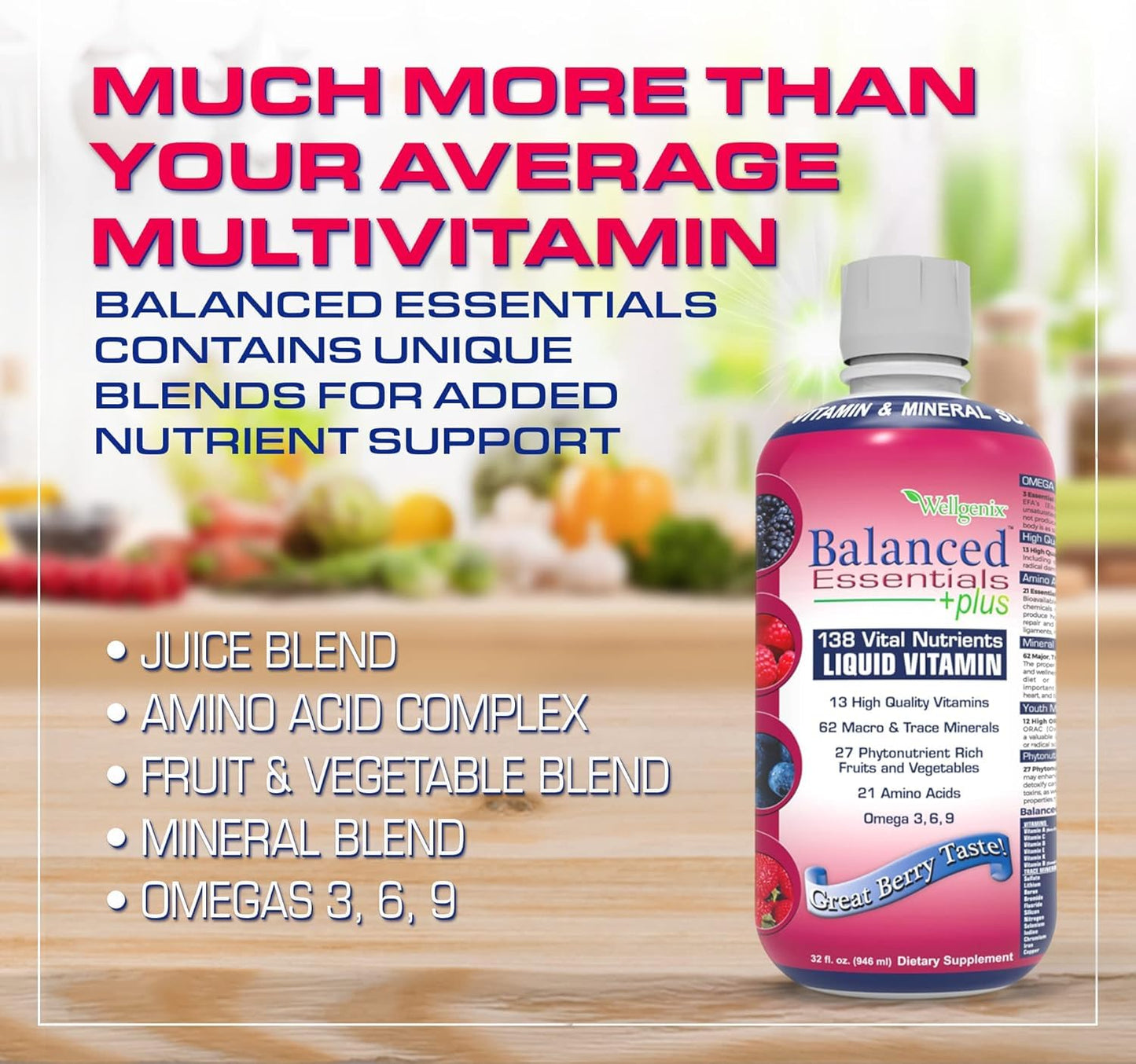 Wellgenix Balanced Essentials Plus Liquid Multivitamin — Berry Flavor, Daily 1oz Dose, Immune Support