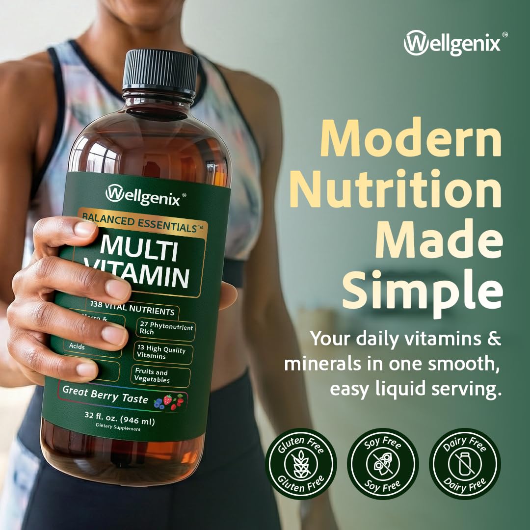 Wellgenix Balanced Essentials Plus Liquid Multivitamin — Berry Flavor, Daily 1oz Dose, Immune Support