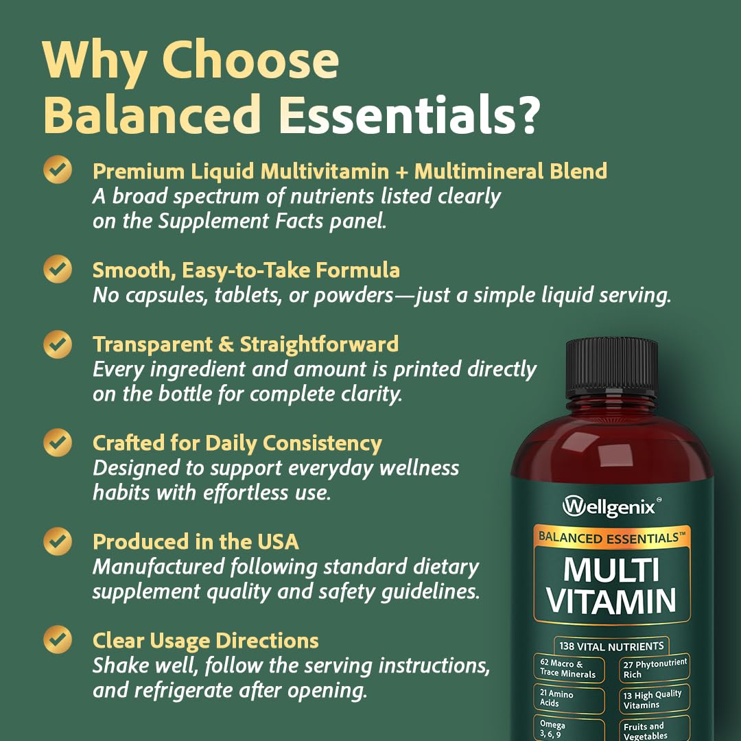 Wellgenix Balanced Essentials Plus Liquid Multivitamin — Berry Flavor, Daily 1oz Dose, Immune Support