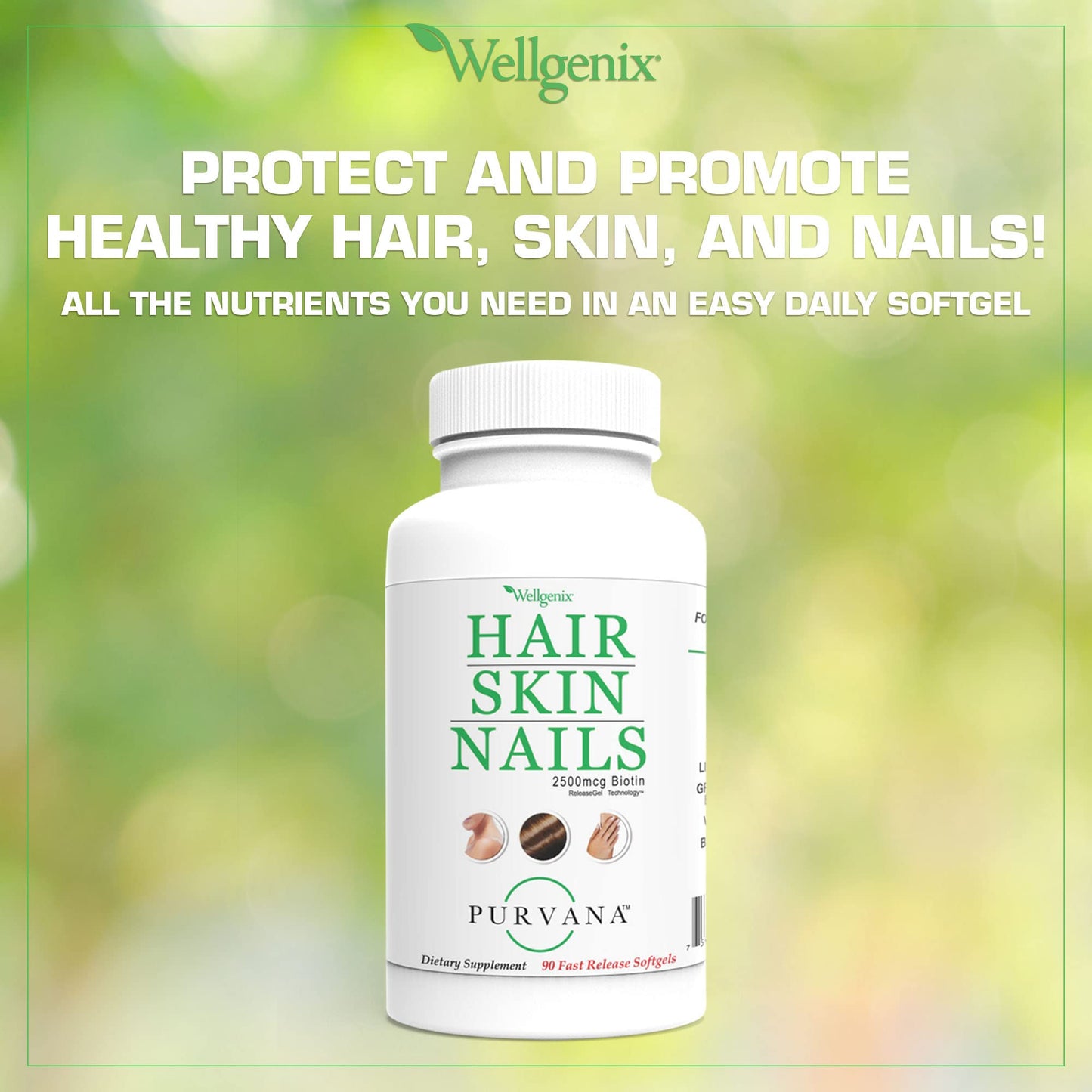 Wellgenix Purvana Hair, Skin, and Nails – One a Day Softgel (90 Count) 2500mcg Biotin