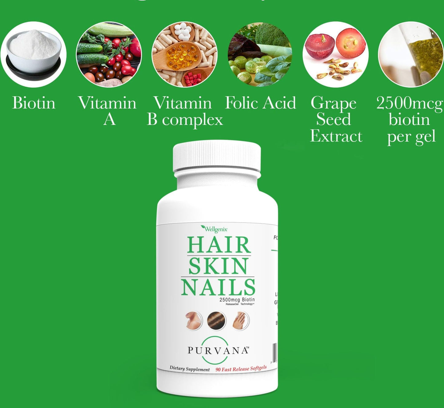 Wellgenix Purvana Hair, Skin, and Nails – One a Day Softgel (90 Count) 2500mcg Biotin
