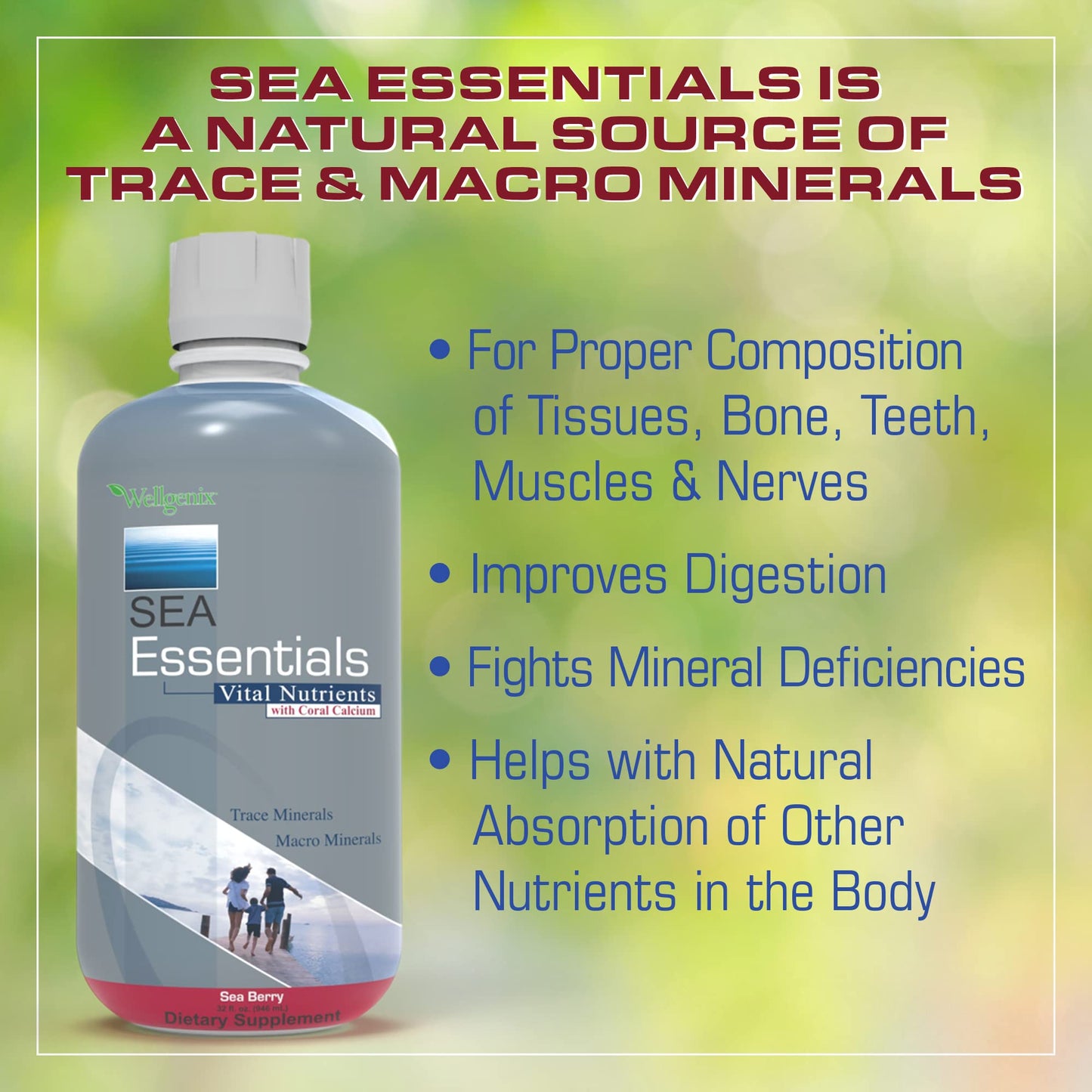 Wellgenix Sea Essentials Vital Nutrients – Coral Calcium Liquid Multivitamin, Sea Berry Flavor, 32oz