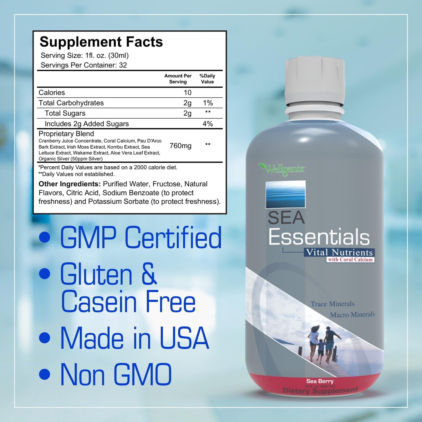 Wellgenix Sea Essentials Vital Nutrients – Coral Calcium Liquid Multivitamin, Sea Berry Flavor, 32oz