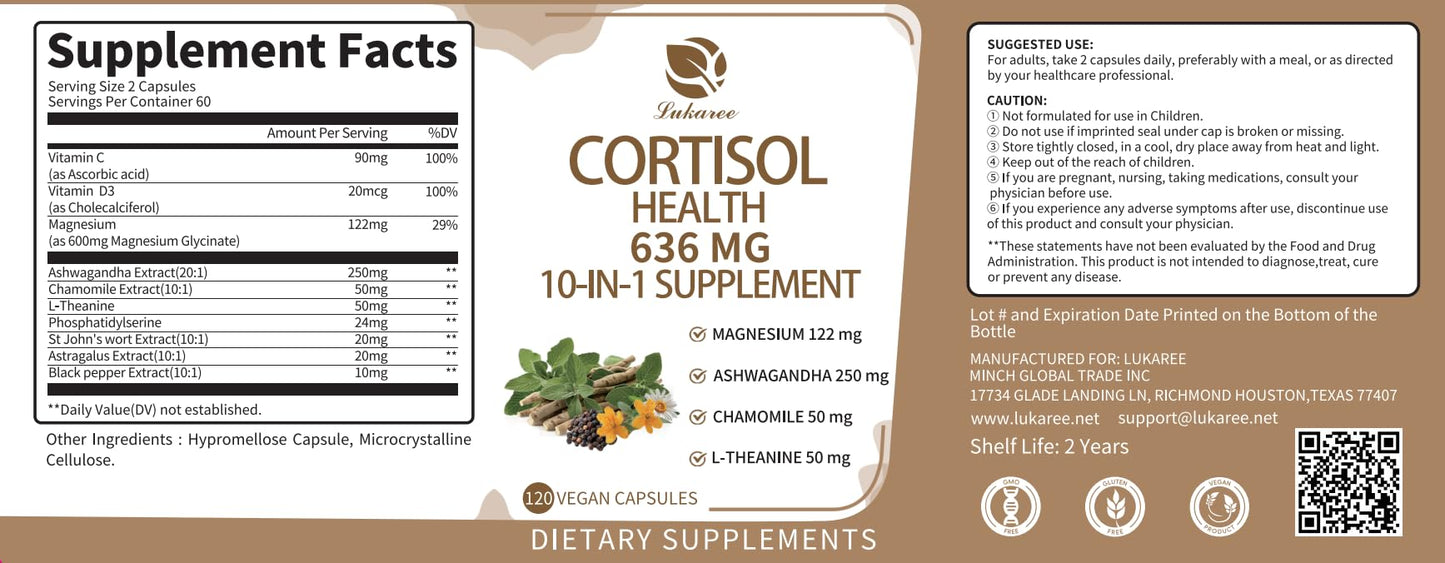 Lukaree 10-in-1 Cortisol Supplements – KSM-66 Ashwagandha + L-Theanine, 120 Caps (2 Pack)