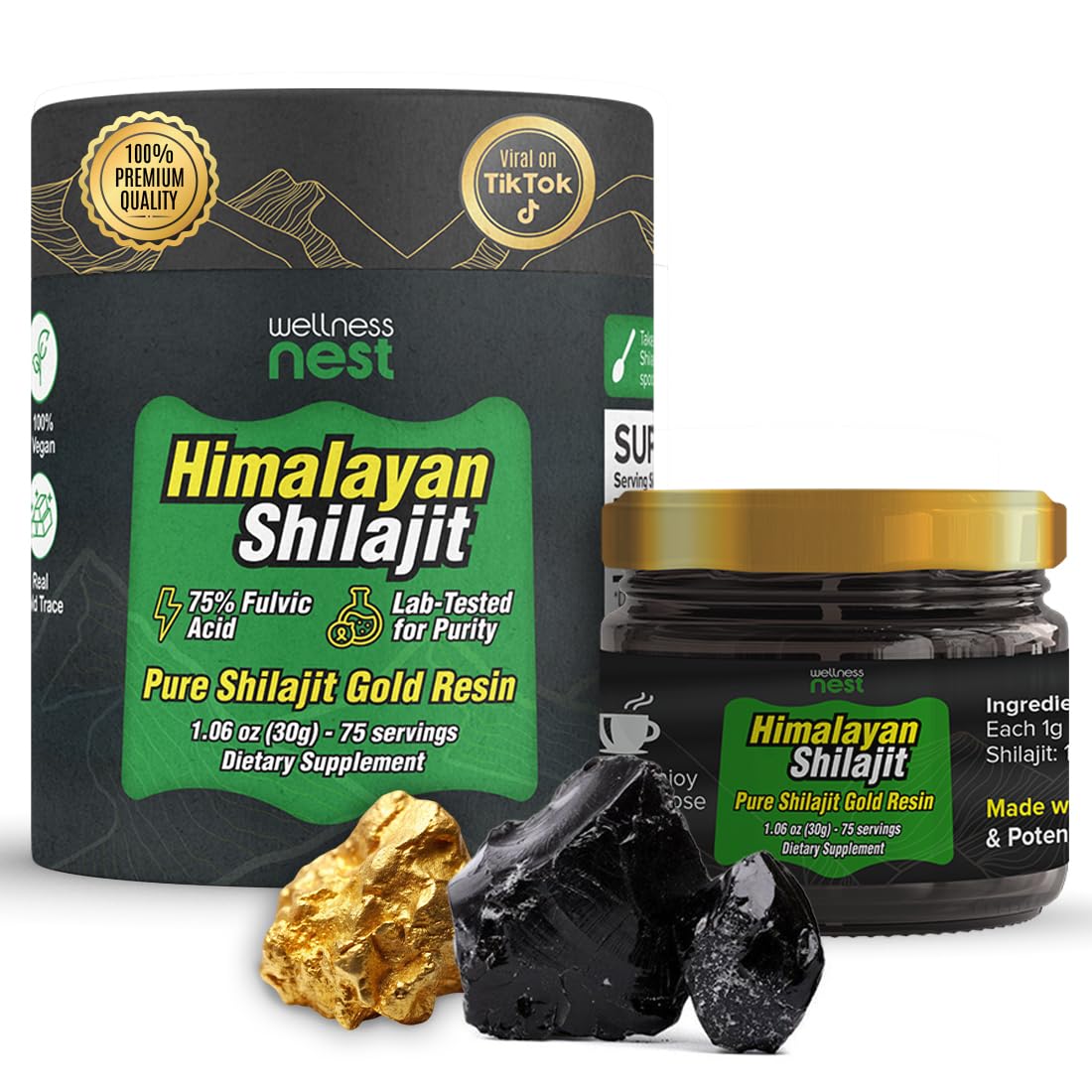 Wellness Nest Gold Grade Shilajit Resin – 24k Gold, 75%+ Fulvic Acid, Lab-Tested 30g