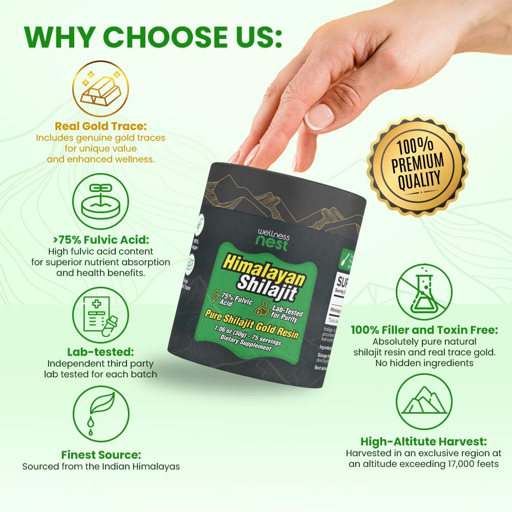 Wellness Nest Gold Grade Shilajit Resin – 24k Gold, 75%+ Fulvic Acid, Lab-Tested 30g