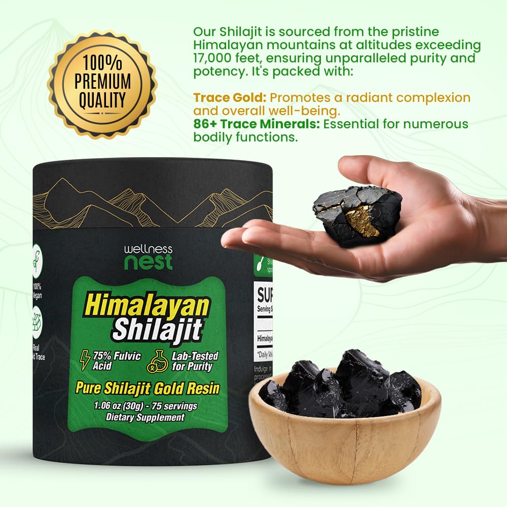Wellness Nest Gold Grade Shilajit Resin – 24k Gold, 75%+ Fulvic Acid, Lab-Tested 30g