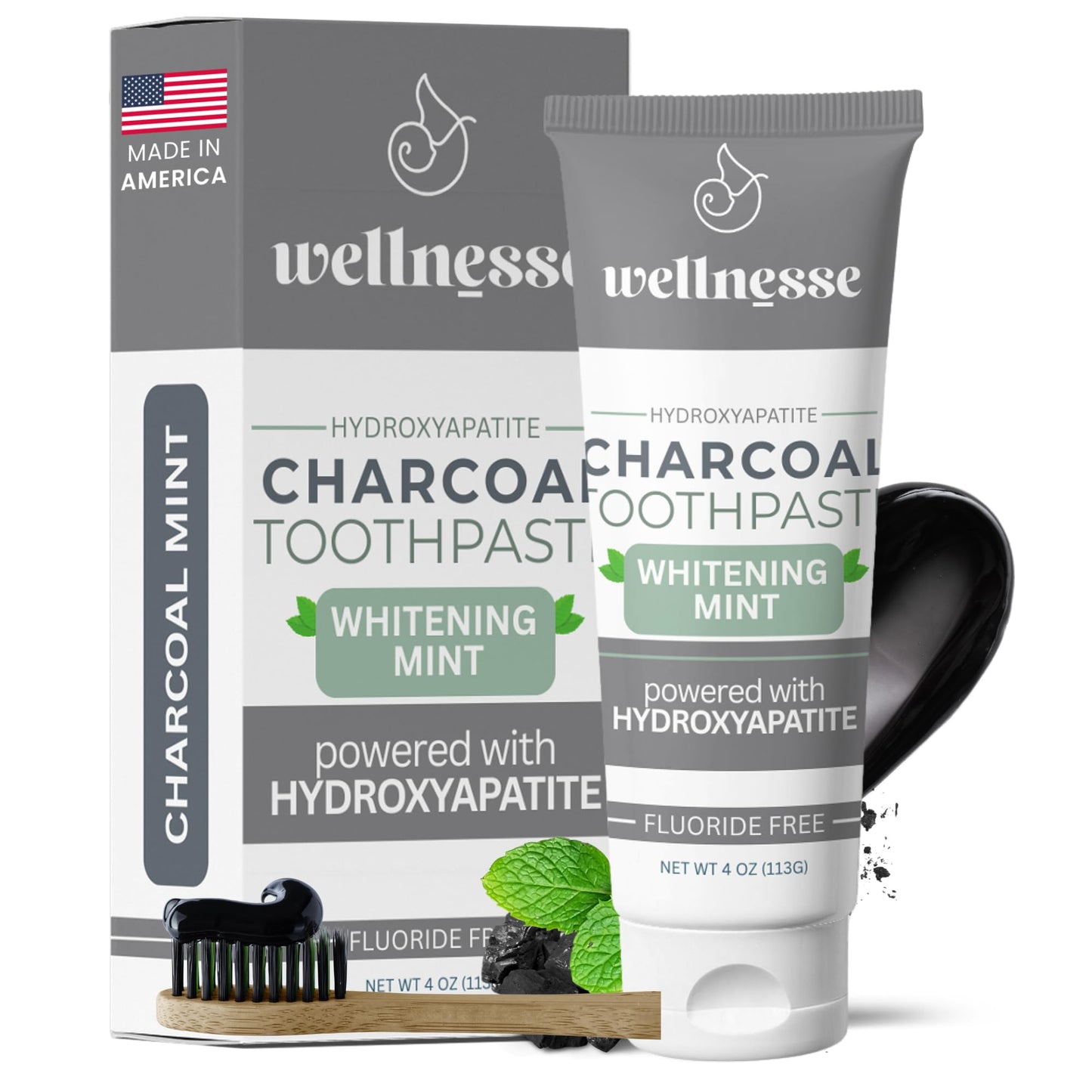 Wellnesse Activated Charcoal Toothpaste with Xylitol – Fluoride-Free, Mint, 4 oz