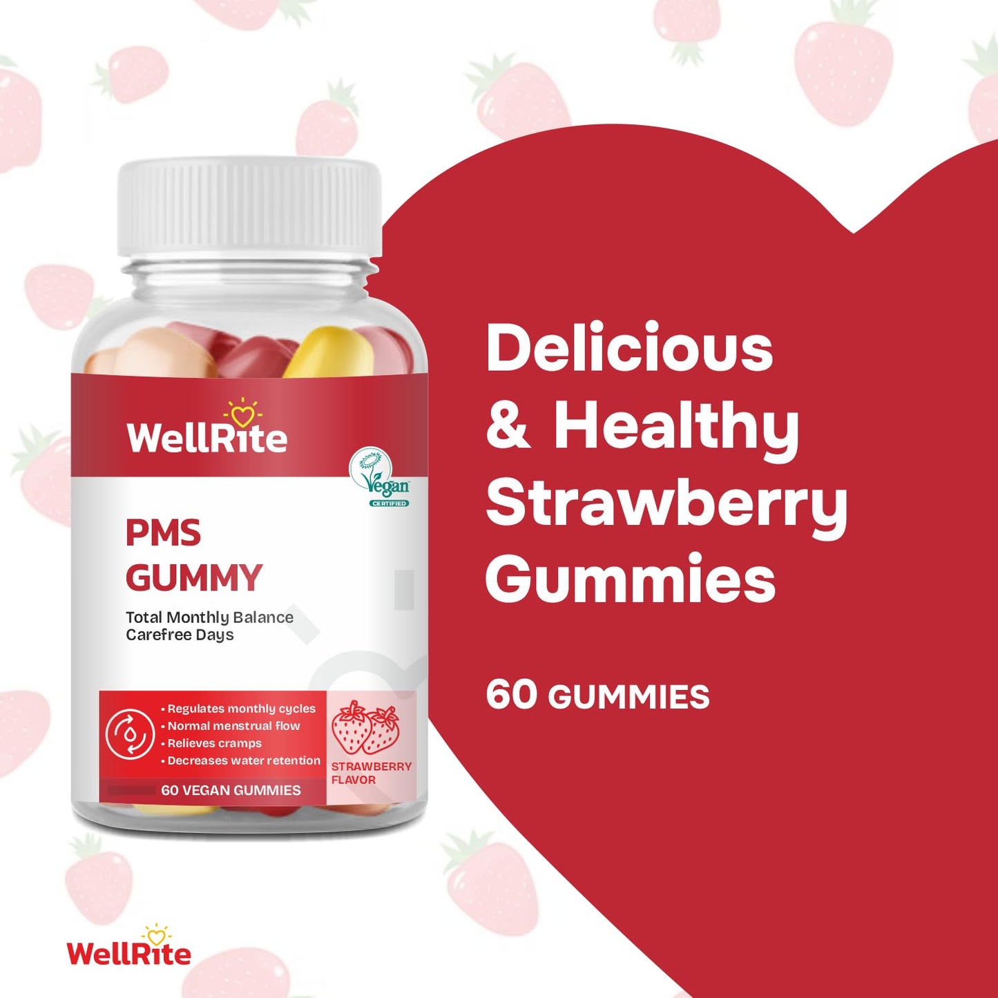 Wellrite PMS Gummy Vitamins – 60 Count, Strawberry, Vegan & Gelatin Free