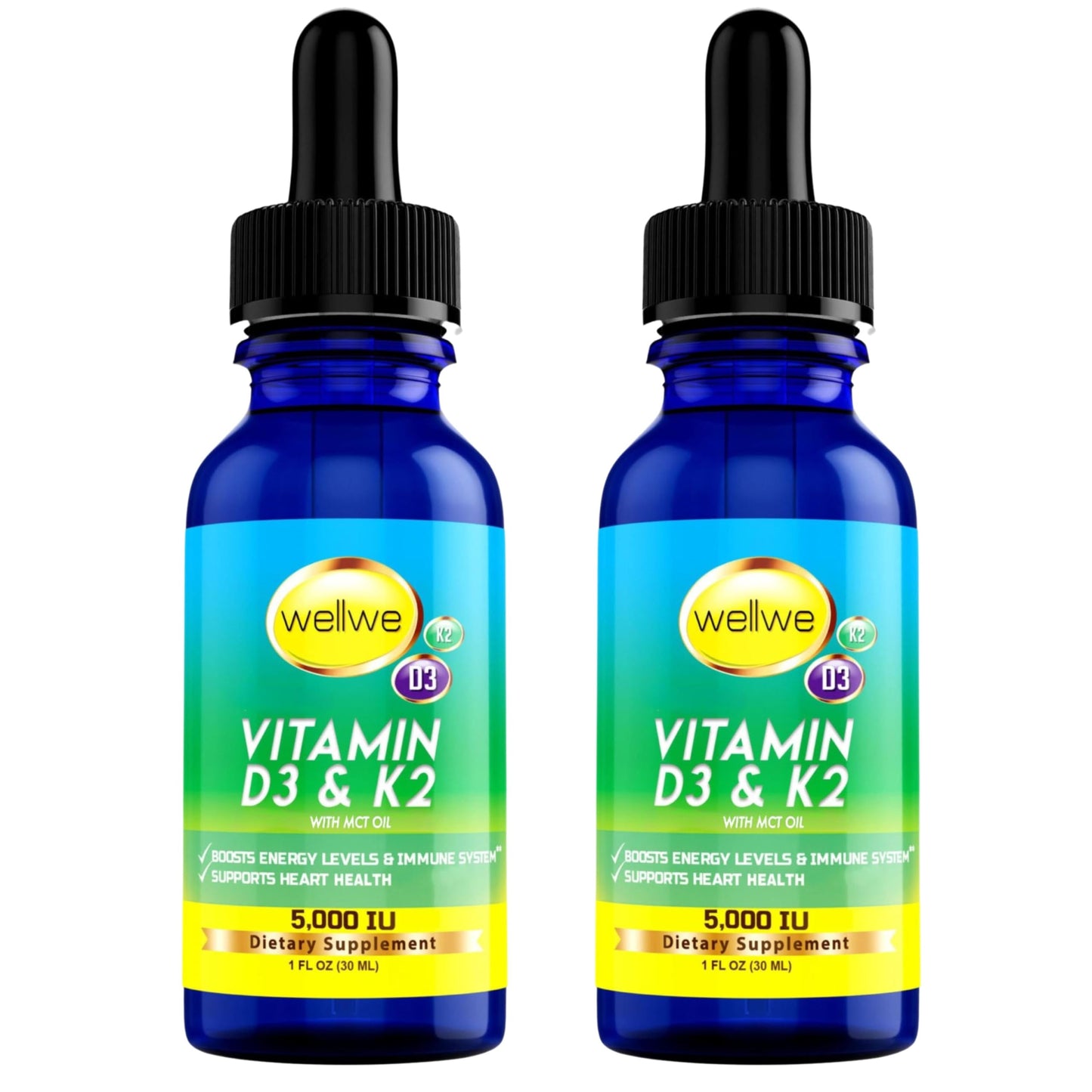 WellWe 2 Bottles Liquid Vitamin D3 K2 Drops 5000 IU with MCT Oil – Vegan D3 K2 Supplement, Unflavored, 2 oz