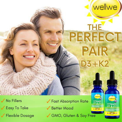 WellWe 2 Bottles Liquid Vitamin D3 K2 Drops 5000 IU with MCT Oil – Vegan D3 K2 Supplement, Unflavored, 2 oz