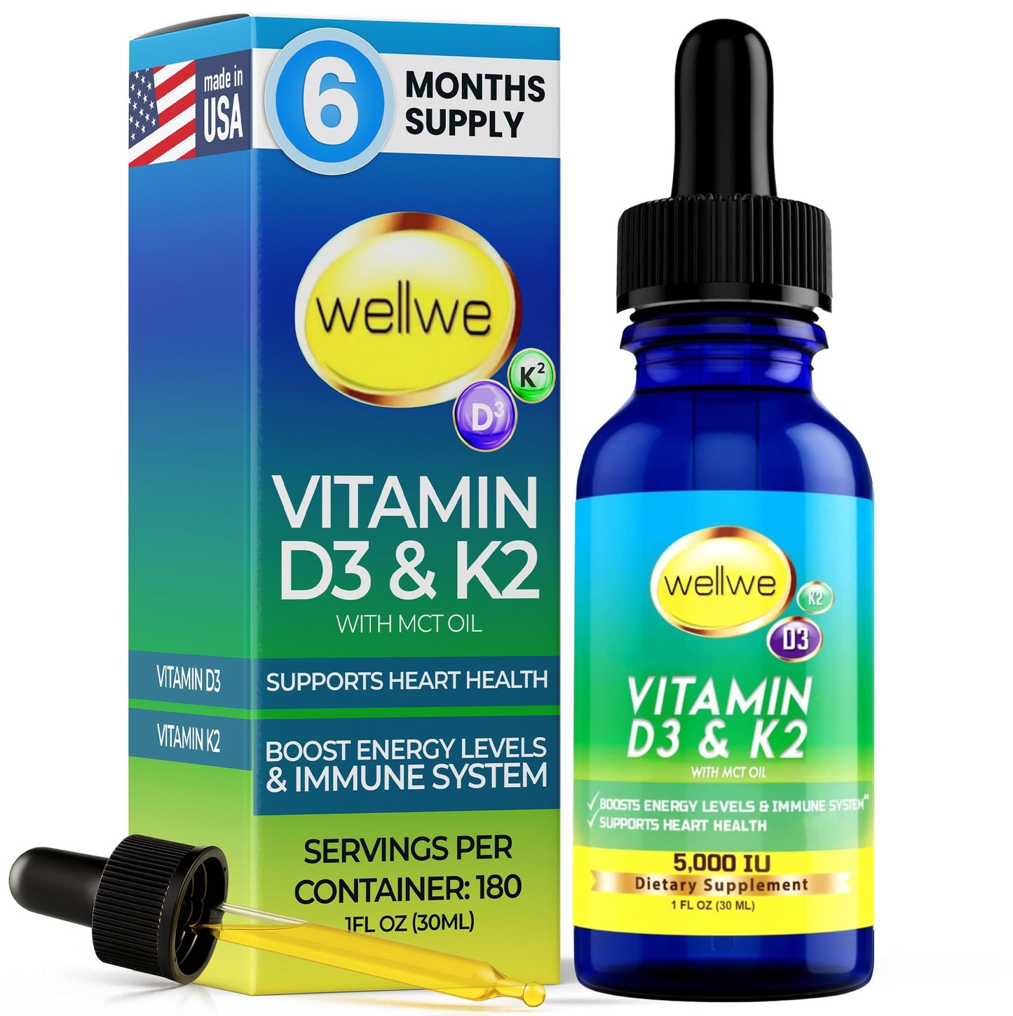WellWe Vitamin D3 K2 Liquid Drops - 5000 IU | No Taste, Non-GMO, 1 fl oz