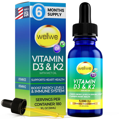 WellWe Vitamin D3 K2 Liquid Drops - 5000 IU | No Taste, Non-GMO, 1 fl oz