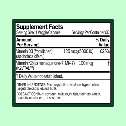 WellWithAll Vitamin D3 5000 IU + K2 100 mcg | Immune, Calcium & Cardiovascular Support | Plant-Based | 60-Day Supply