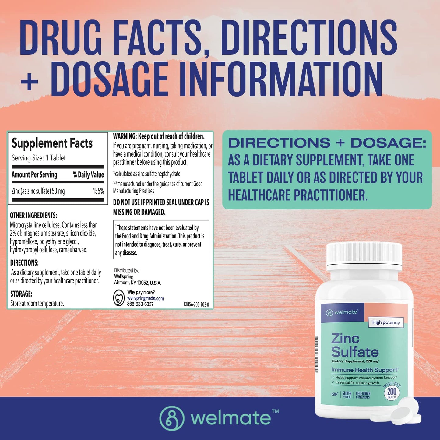 WELMATE Zinc Sulfate 220mg | Immune Support | Dietary Supplement | Made in USA