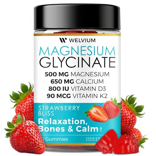 WELVIUM Magnesium Glycinate Gummies for Sleep & Calm – 500mg Magnesium Glycinate, D3, K2, Calcium, Zinc, B6, Ashwagandha & L-Theanine