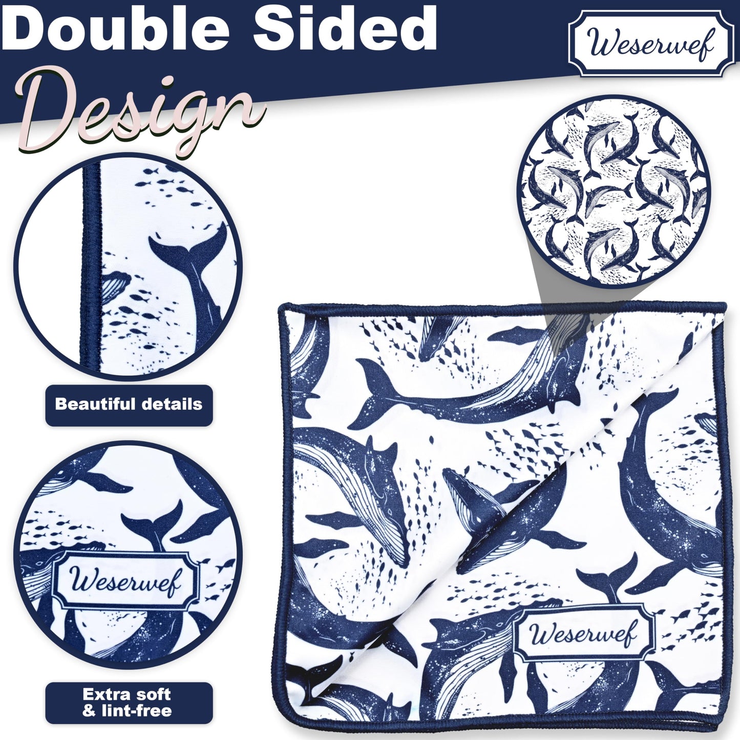 WESERWEF Design Microfiber Glasses Cleaning Cloth – 12 x 12 in Ultra-Soft & Scratch-Free (Whales)
