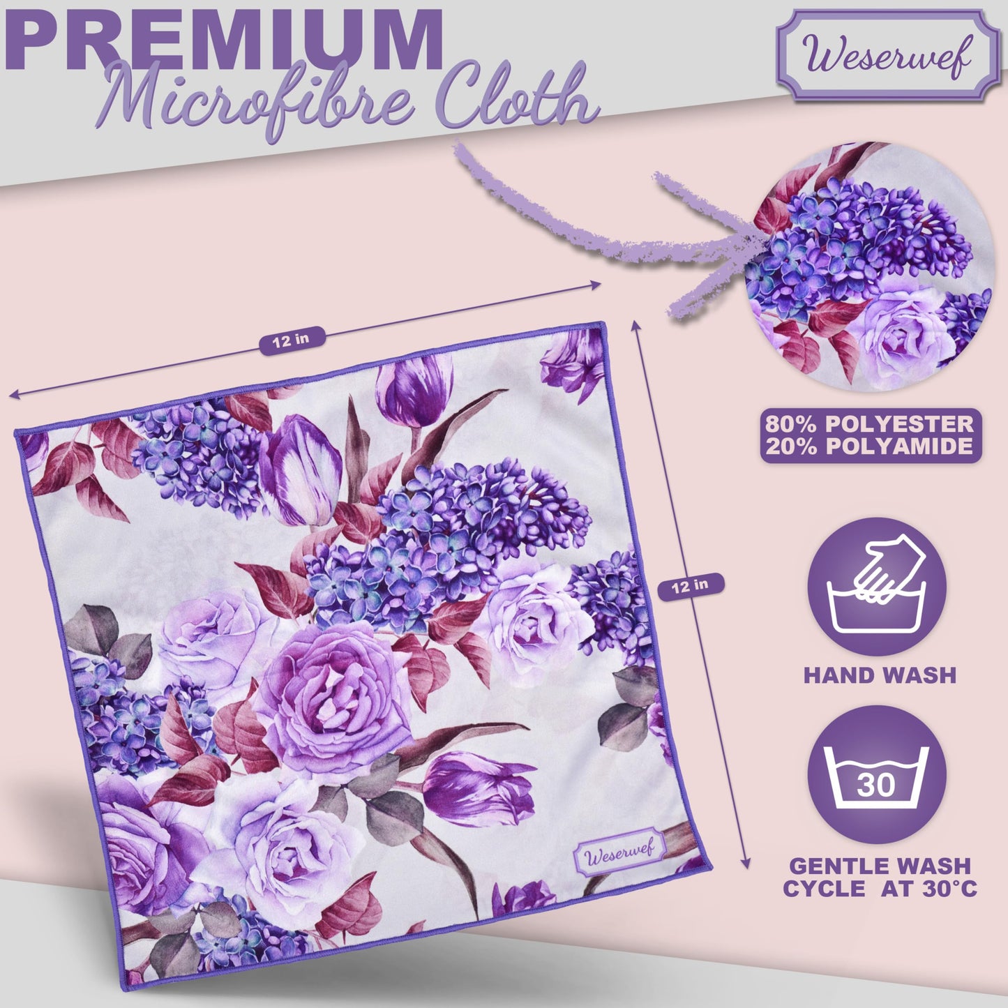 Weserwef Design Microfiber Glasses Cleaning Cloth – 12x12 in Rose & Lilac | Ultra-Soft, Scratch-Free