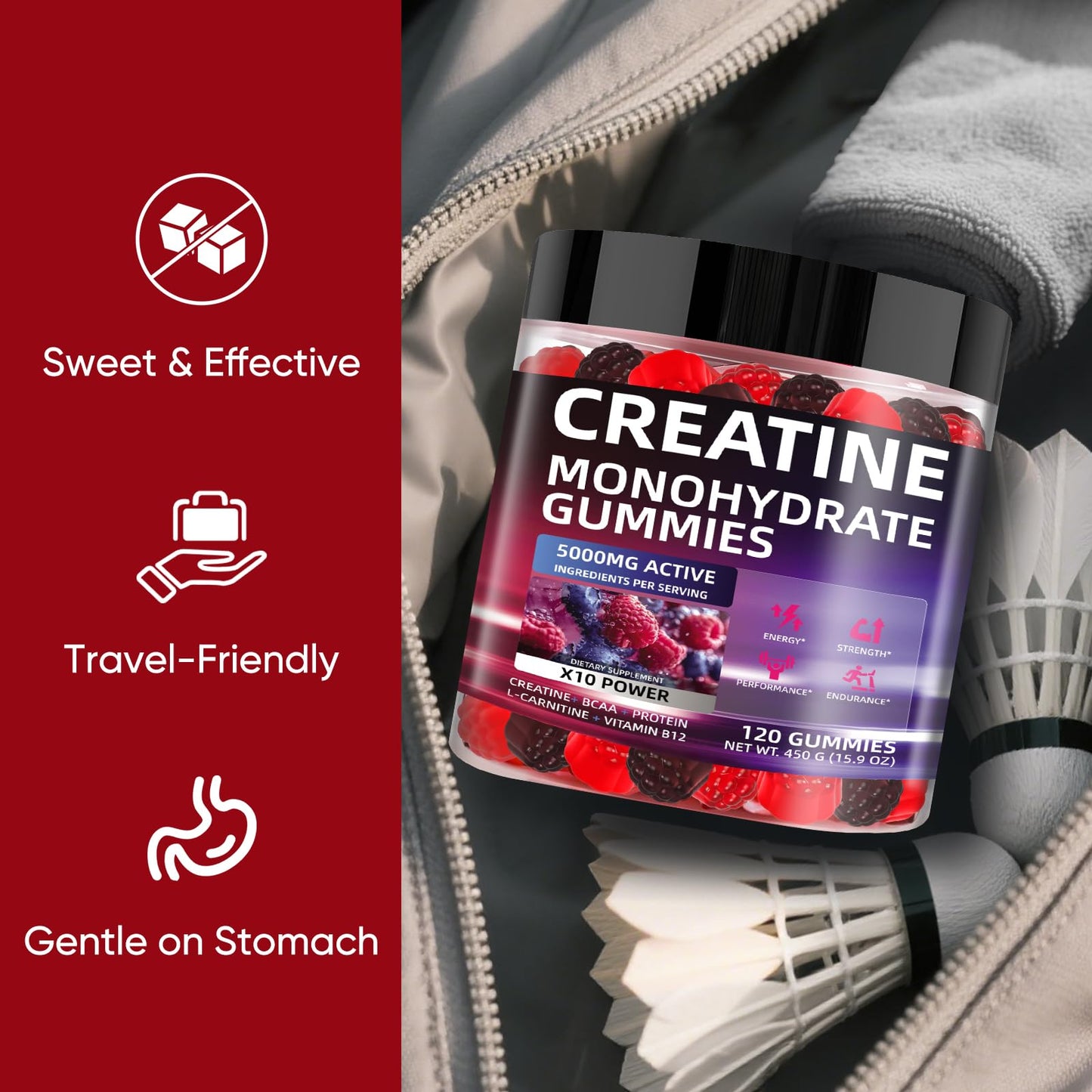 WEVYHFS SPORTS Creatine Gummies 5000mg – Sugar-Free Vegan with BCAA, L-Carnitine & B12 (120 Chews)