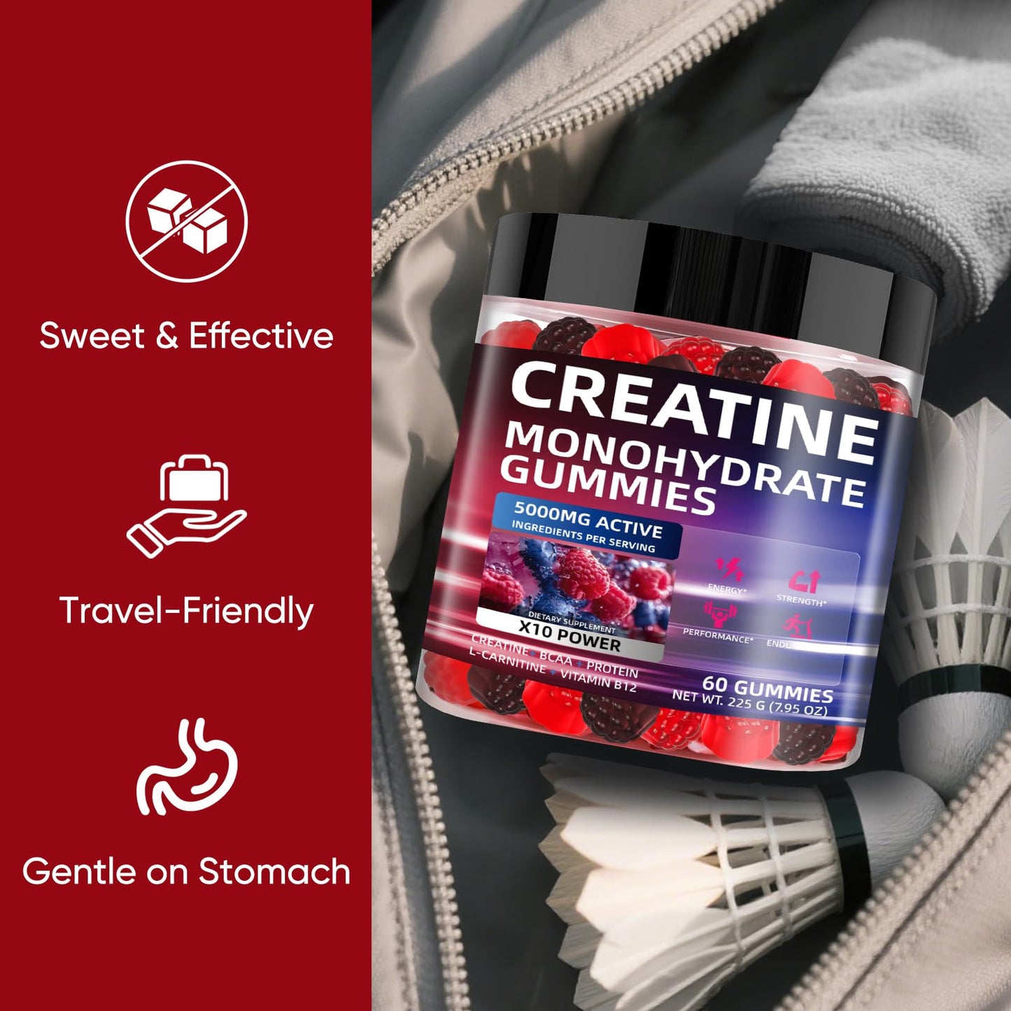 WEVYHFS SPORTS Creatine Gummies 5000mg – Sugar-Free Vegan, 60 Chews, BCAA & B12