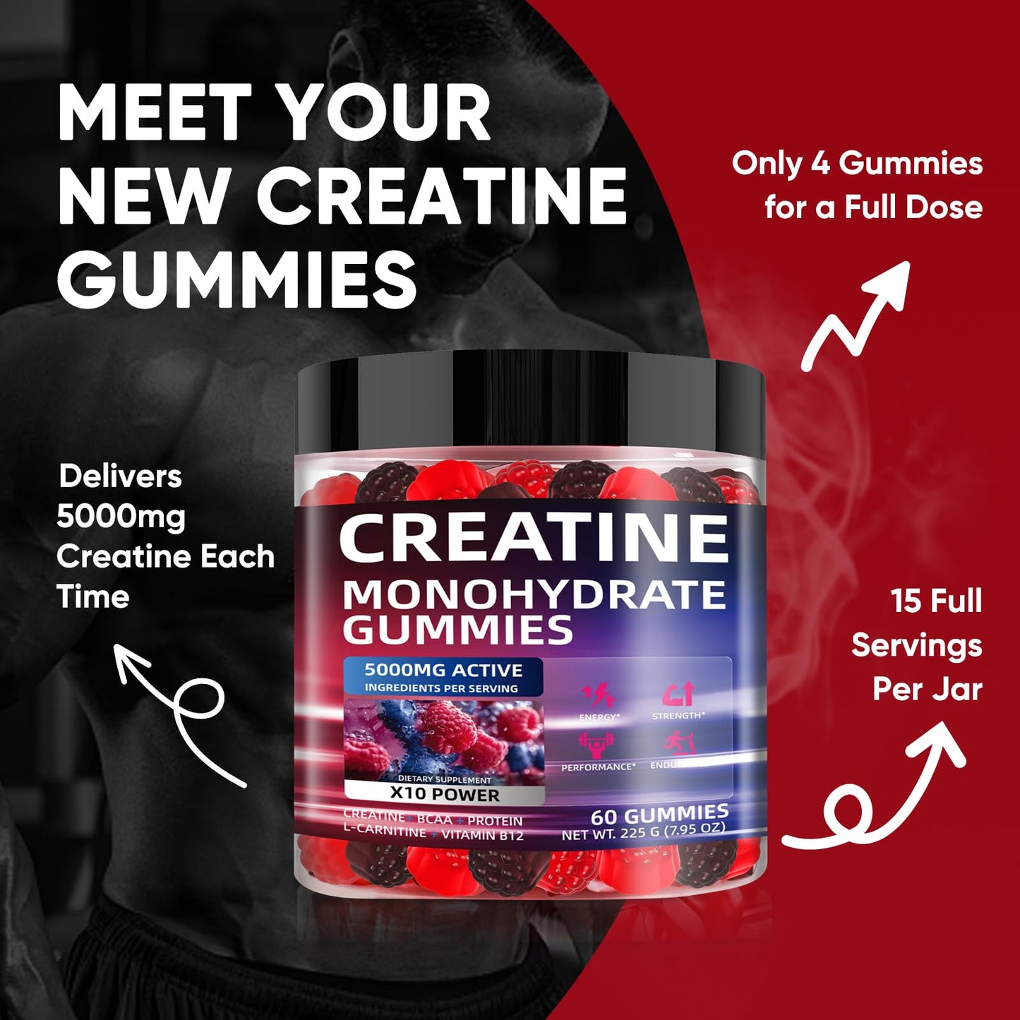 WEVYHFS SPORTS Creatine Gummies 5000mg – Sugar-Free Vegan, 60 Chews, BCAA & B12