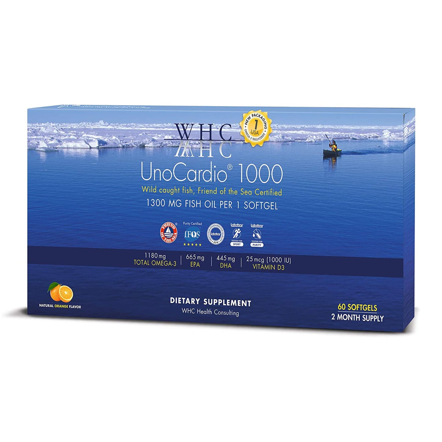 WHC UnoCardio 1000 Fish Oil — 1180 mg Omega-3 per Softgel, EPA 665 mg, DHA 445 mg, Vitamin D3 25 mcg, Orange, 60 Softgels