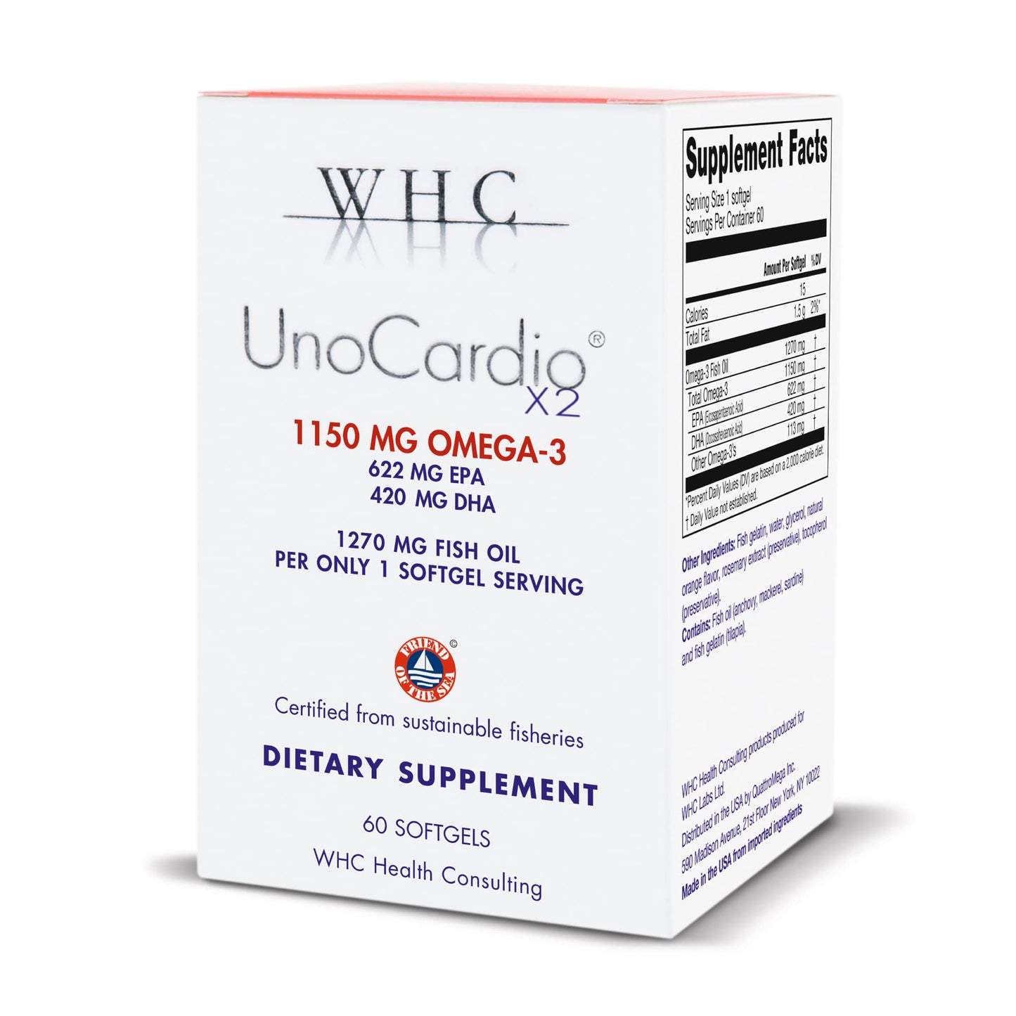 WHC UnoCardio X2 Fish Oil – 1270 mg Omega-3 (EPA 622 mg / DHA 420 mg), r-TG, 60 Softgels
