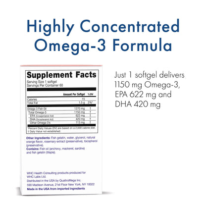 WHC UnoCardio X2 Fish Oil – 1270 mg Omega-3 (EPA 622 mg / DHA 420 mg), r-TG, 60 Softgels