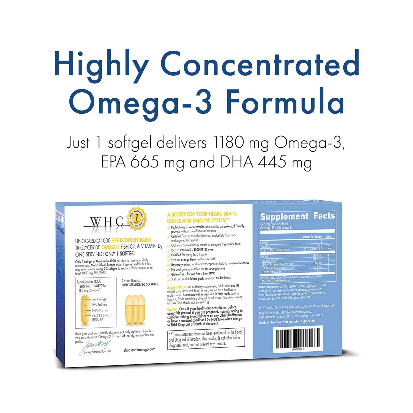 WHC UnoCardio 1000 Fish Oil — 1180 mg Omega-3 per Softgel, EPA 665 mg, DHA 445 mg, Vitamin D3 25 mcg, Orange, 60 Softgels