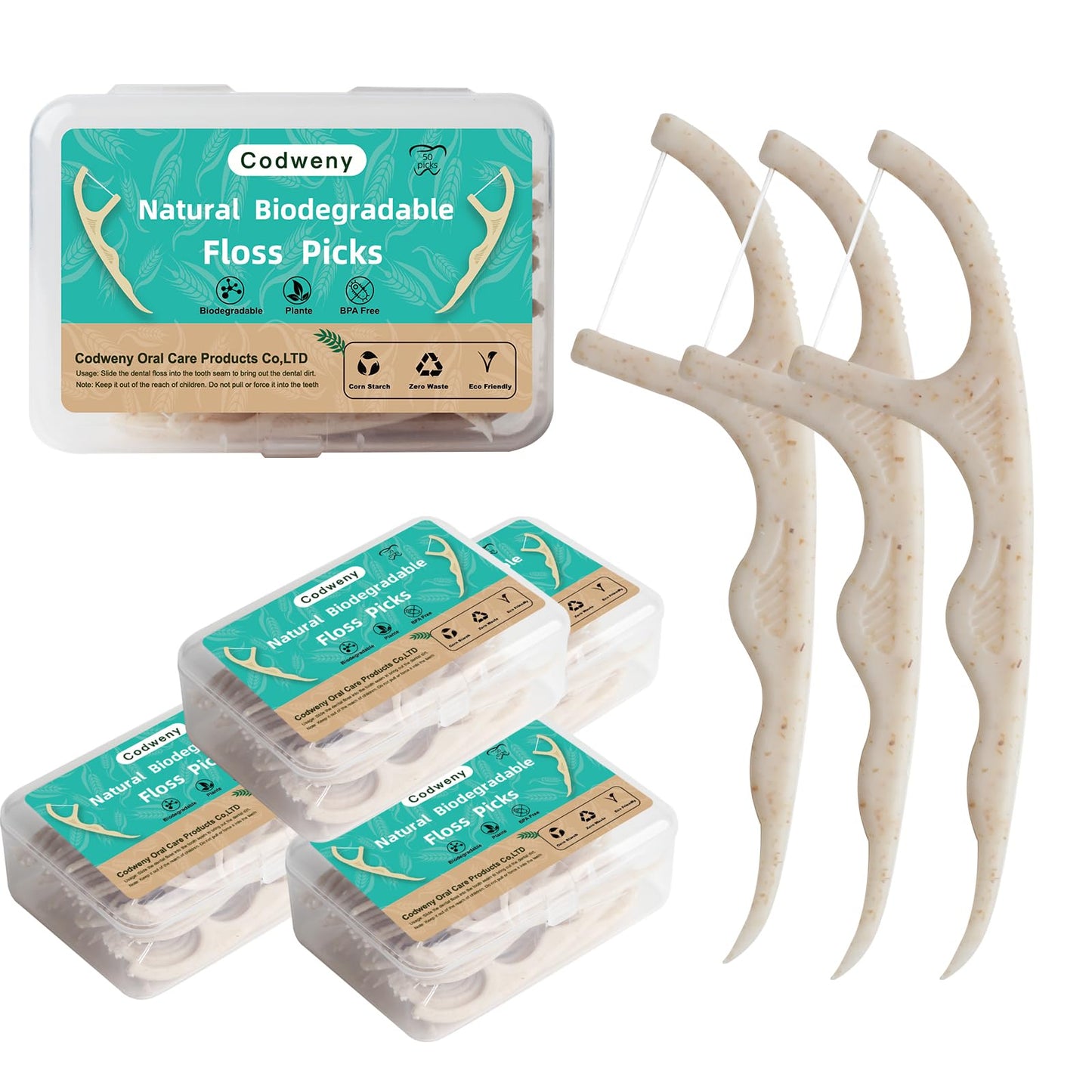 Wheat Straw Biodegradable Dental Floss Picks - 200 Count with 4 Travel Cases | Eco-Friendly Oral Care