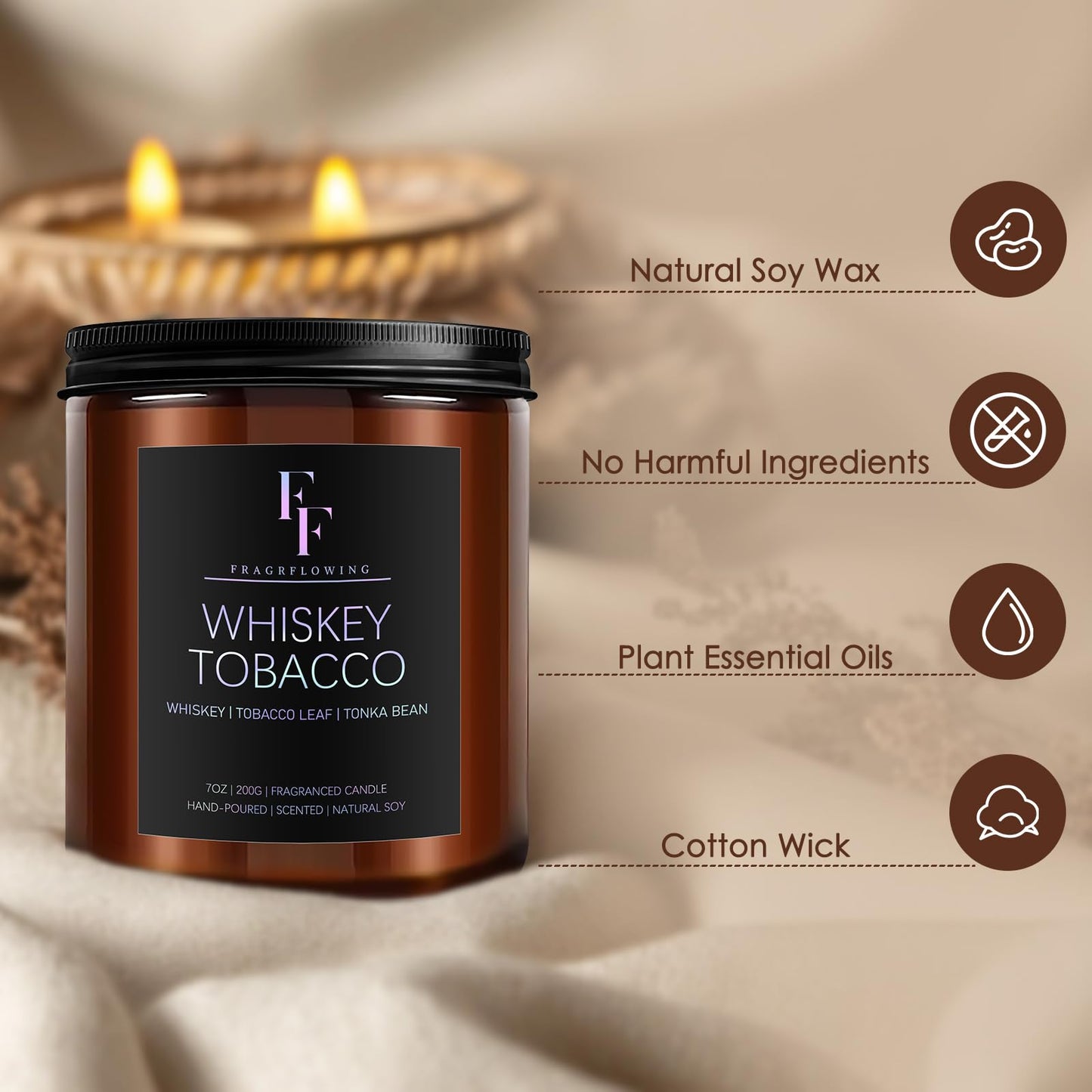 Whiskey & Tobacco Scented Candle – 7oz Soy Wax, Aromatherapy Gift