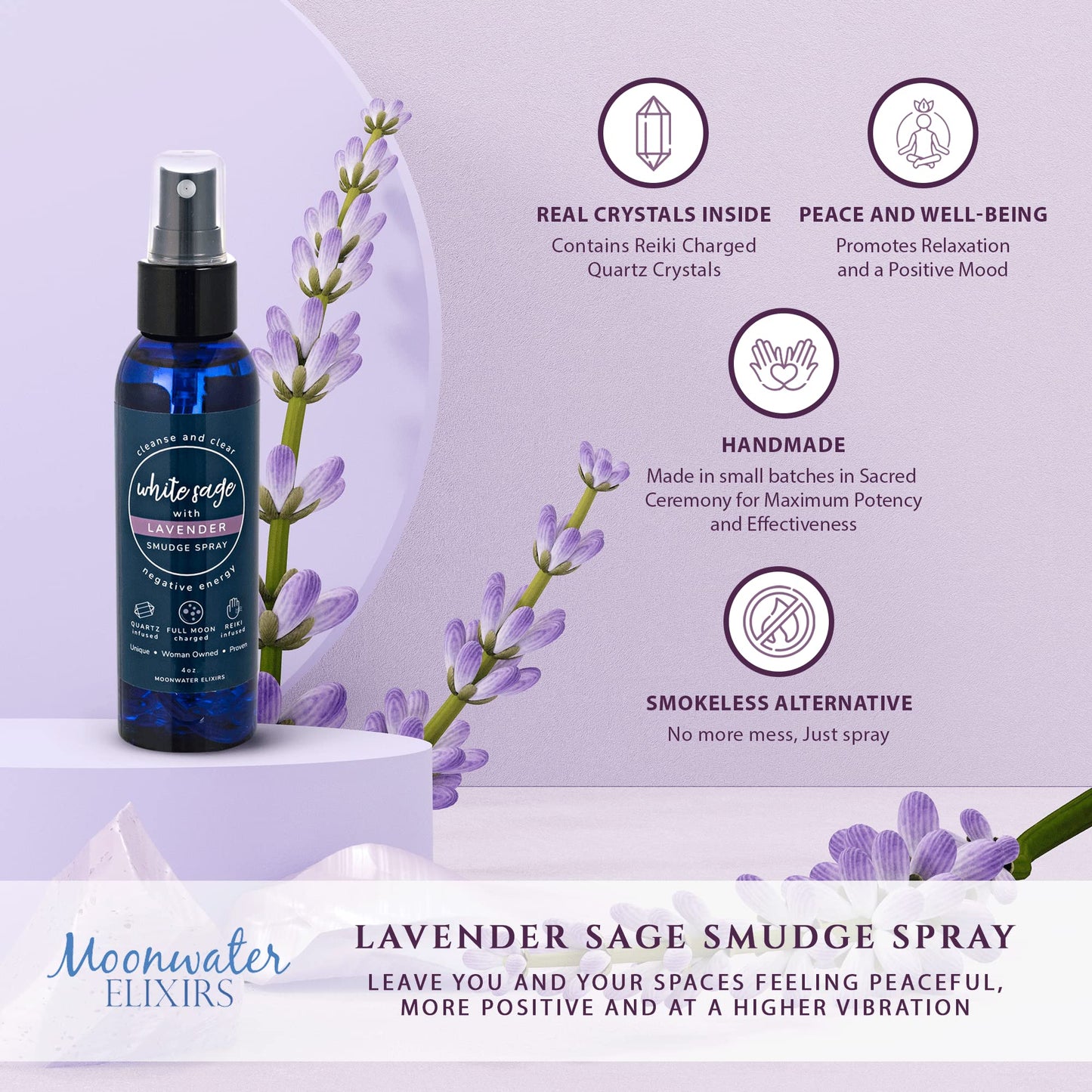 White Sage Smudge Spray – Reiki Charged Cleansing, Aura Protection, Lavender | 2x8oz