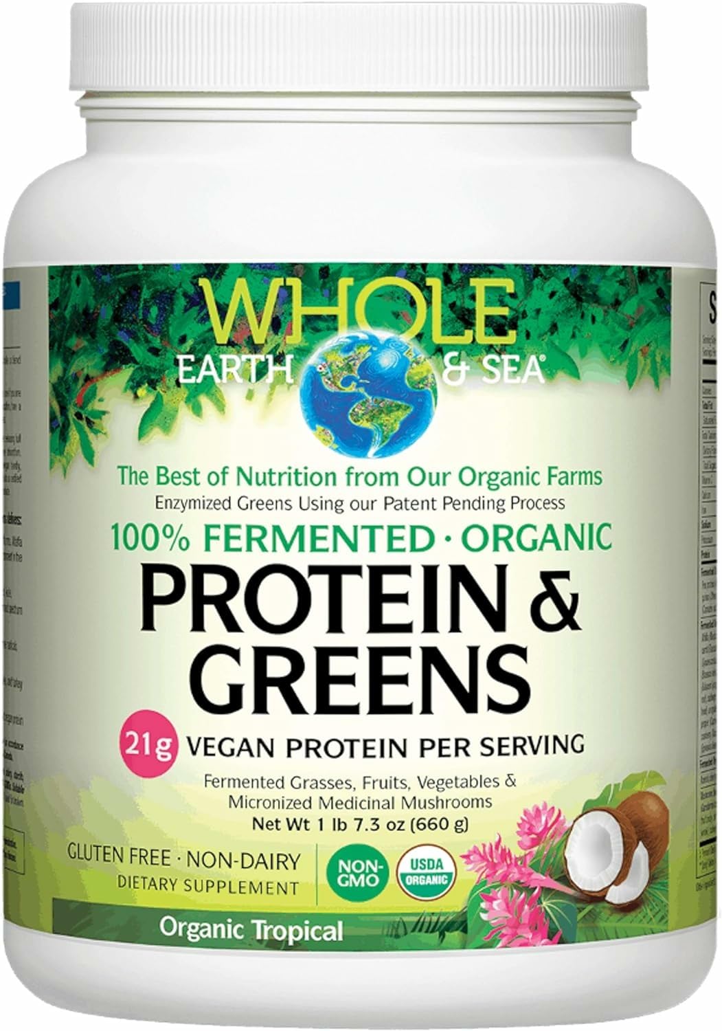 Whole Earth & Sea Organic Fermented Protein & Greens – Vegan Protein, Tropical, 1 lb 7.3 oz | Natural Factors