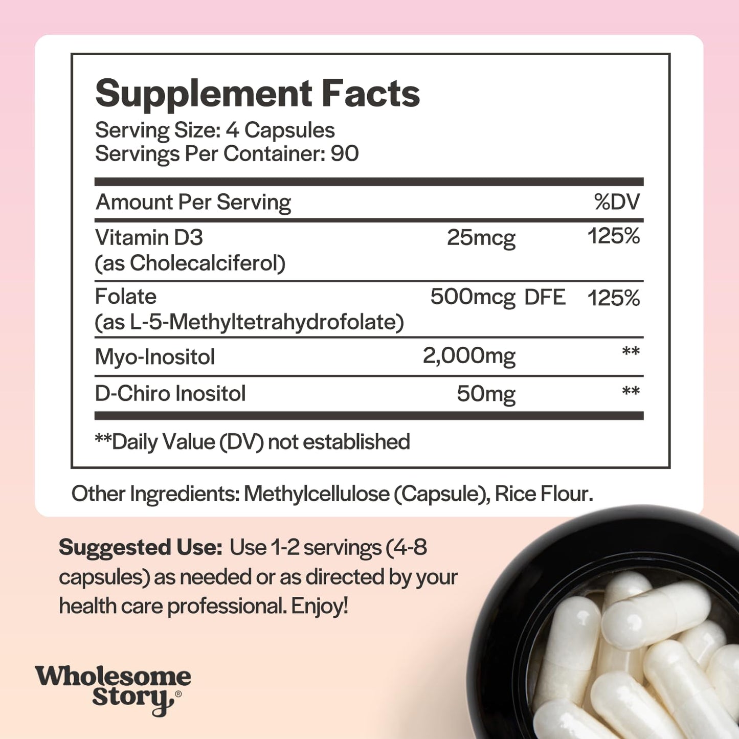 Wholesome Story Myo-Inositol & D-Chiro Inositol Capsules with MTHF Folate | Hormone Balance & Ovarian Support | Vitamin D3