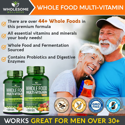Wholesome Wellness Whole Food Multivitamin for Men – Vegan, Non-GMO, 120 Tablets