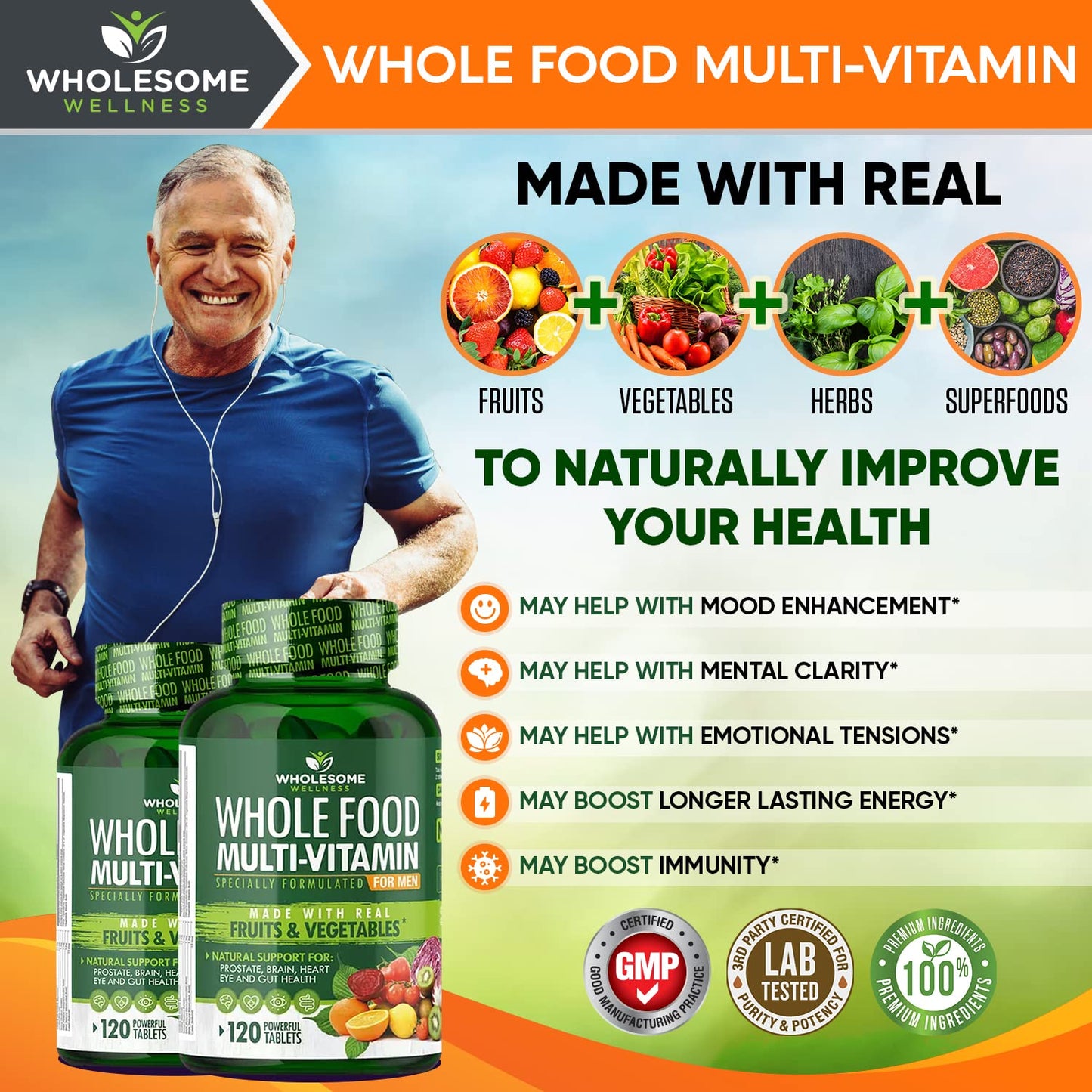 Wholesome Wellness Whole Food Multivitamin for Men – Vegan, Non-GMO, 120 Tablets