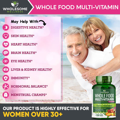 Wholesome Wellness Whole Food Multivitamin for Women - Natural Vitamins, Minerals, Organic Extracts - 120 Tablets
