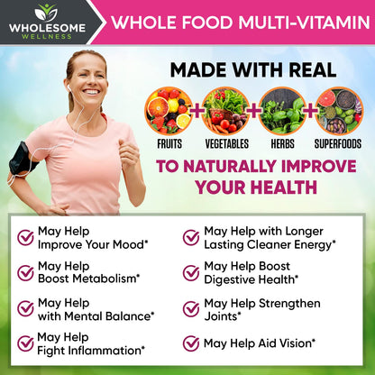 Wholesome Wellness Whole Food Multivitamin for Women - Natural Vitamins, Minerals, Organic Extracts - 120 Tablets