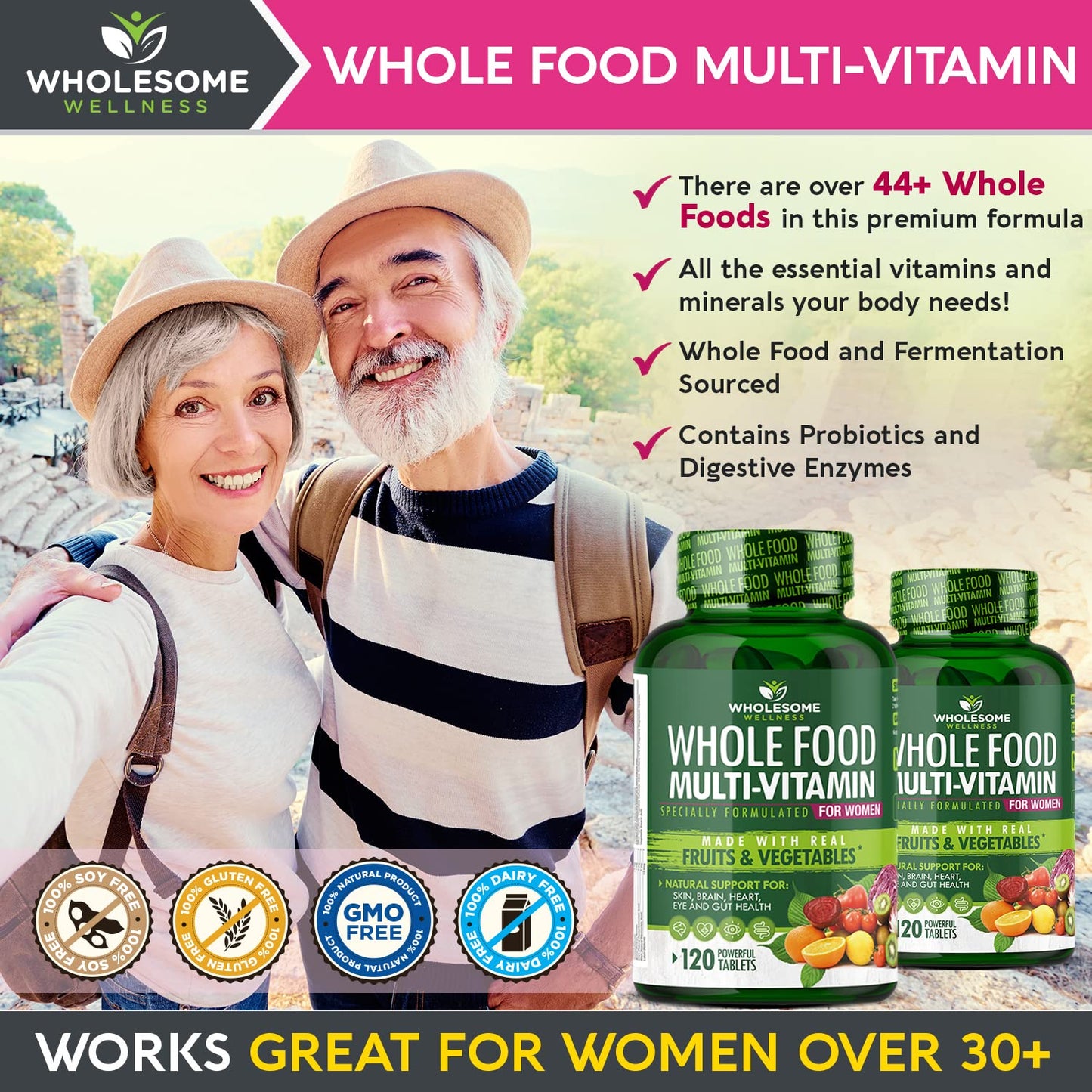 Wholesome Wellness Whole Food Multivitamin for Women - Natural Vitamins, Minerals, Organic Extracts - 120 Tablets