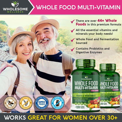 Wholesome Wellness Whole Food Multivitamin for Women - Natural Vitamins, Minerals, Organic Extracts - 120 Tablets
